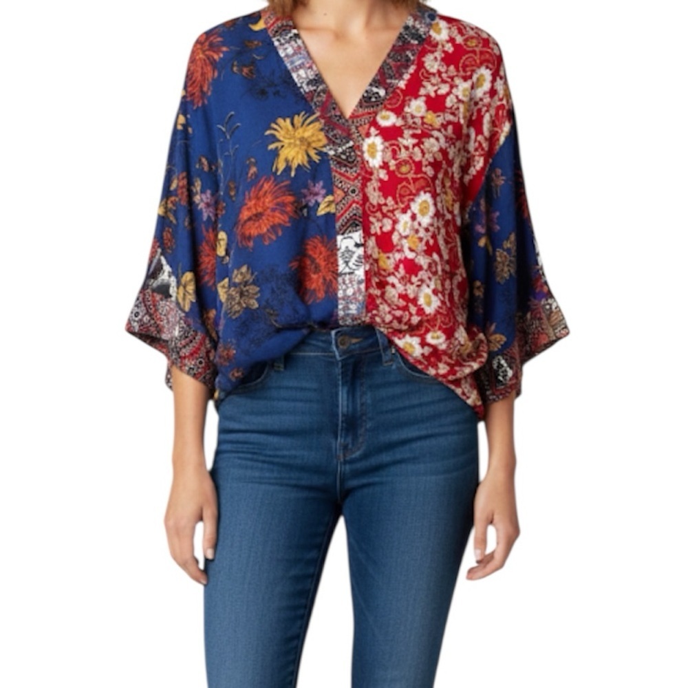 Umgee Multi Color Floral Boho V-Neck Button Up Flutter Sleeve Blouse Size Small